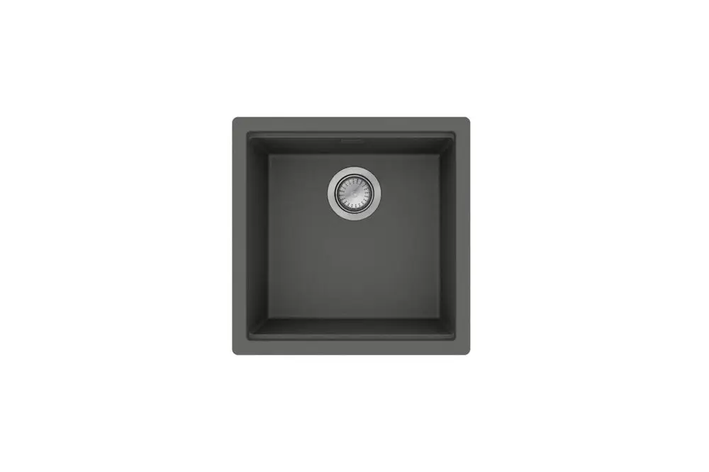 Unterbauspüle in Steingrau von Hansgrohe, quadratisch mit zentraler Ablaufgarnitur, bietet eine funktionale Lösung für Küchenräume.